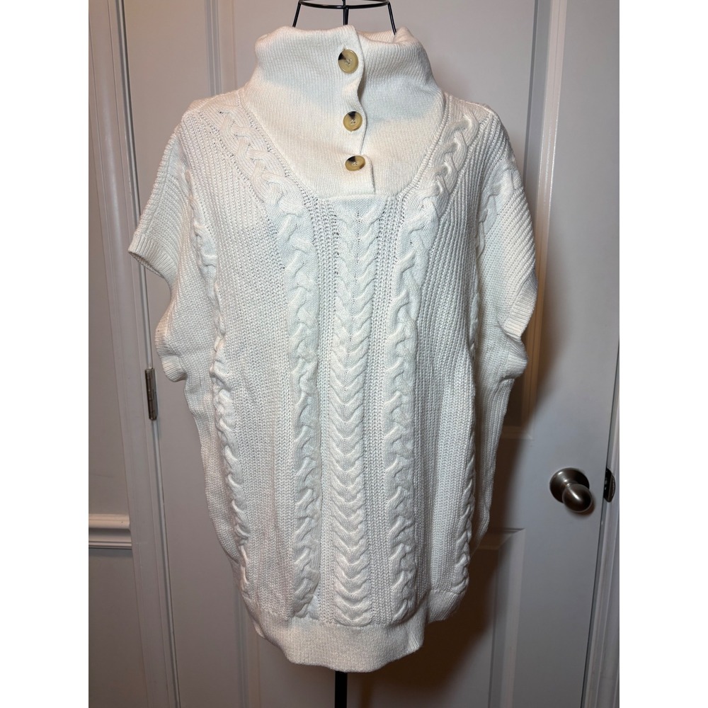 Talbots NWT Cream Cable Knit Button Funnel‎ Neck Sweater Vest Oversized